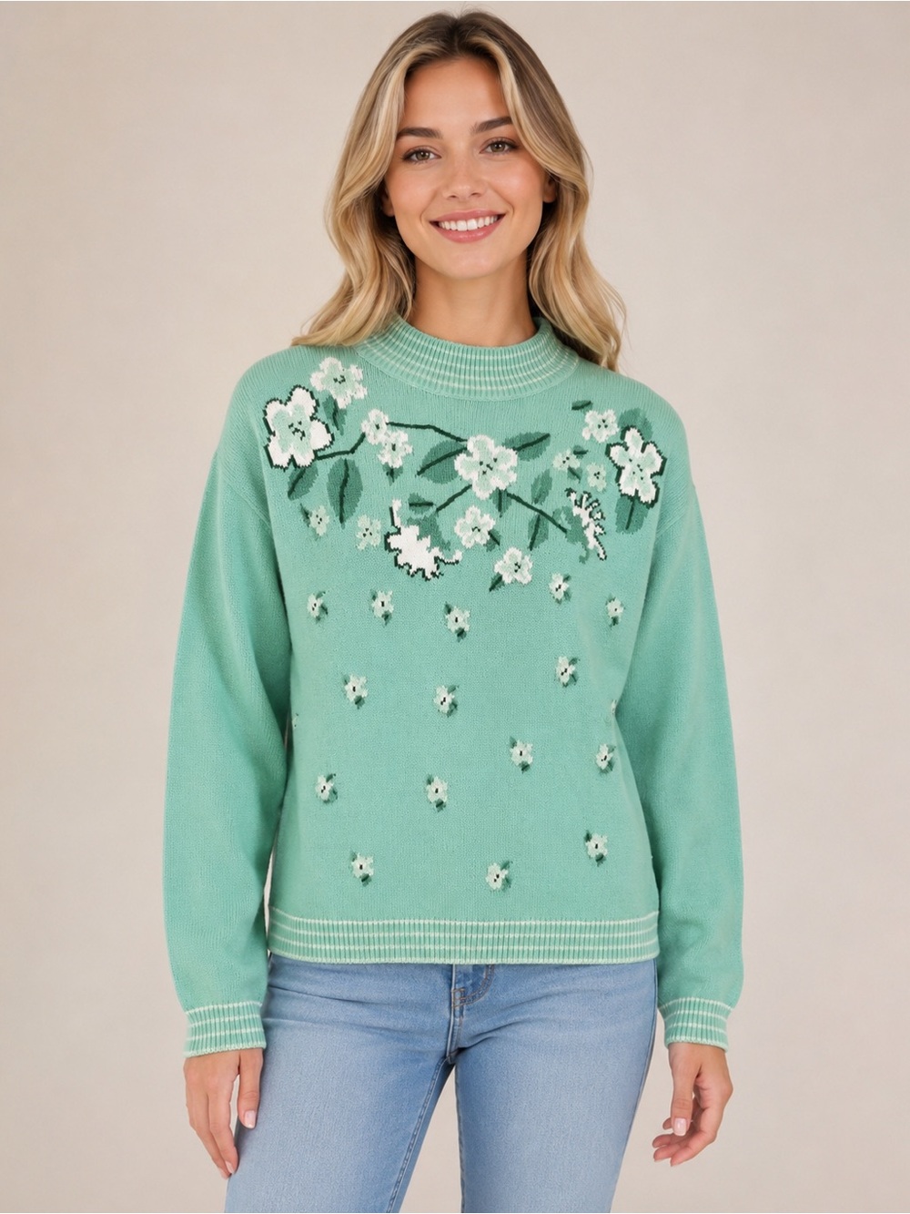 Embroidered Floral Mock Neck Sweater in Mint Green